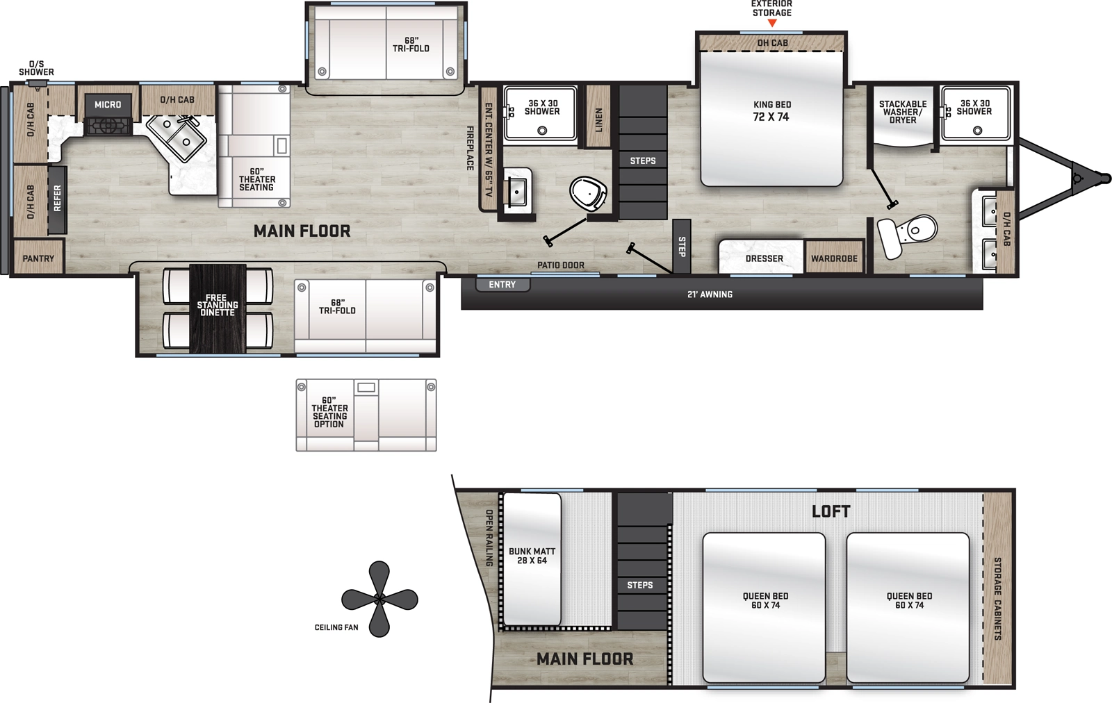 The Aurora 44CONDO floorplan has one entry and three slide outs. Exterior features include: metal exterior and 21' awning. Interiors features include: loft, rear kitchen, free-standing dinette option and two full bathrooms.